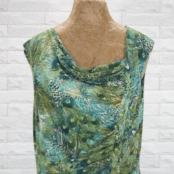 PERCEPTIONS Dress Sleveless Peacock Feathers Print Stretch Midi Plus Size 16 - Picture 2 of 16